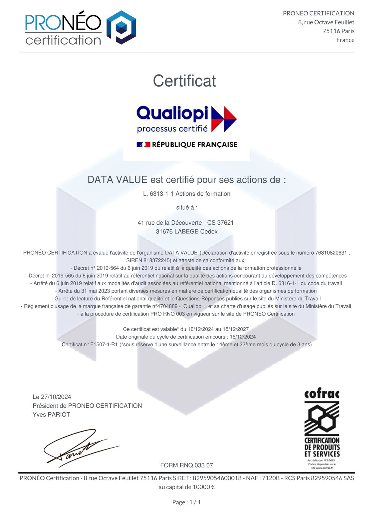 Certificat Qualiopi Data Value