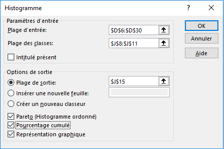 Utilitaire d'Analyse - Histogramme - Options