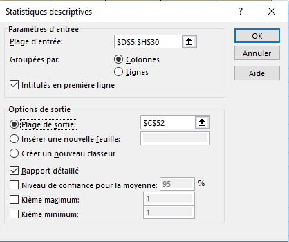 Utilitaire d'analyse - Statistiques descriptives - Options