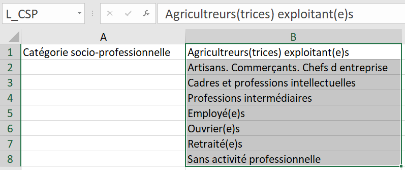 Valeurs liste